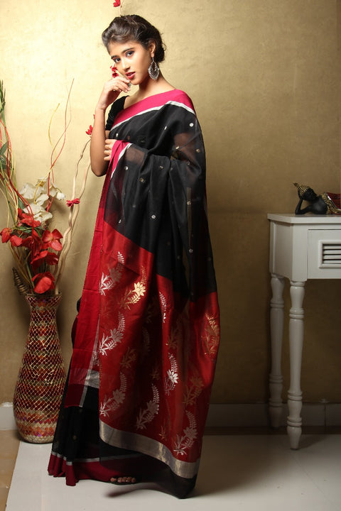 Order Chanderi Mercerized Silk Saree in Black & Red | Elegant Handloom Sarees

