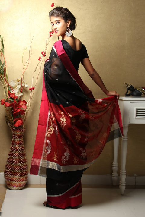 Shop Chanderi Mercerized Silk Saree in Black & Red | Elegant Handloom Sarees

