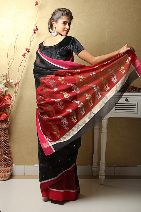 Luxury Chanderi Mercerized Silk Saree in Black & Red | Elegant Handloom Sarees

