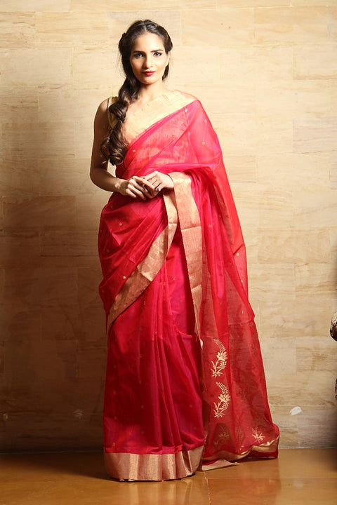 Shop Chanderi Mercerized Silk Saree in Dark Pink | Vinusto

