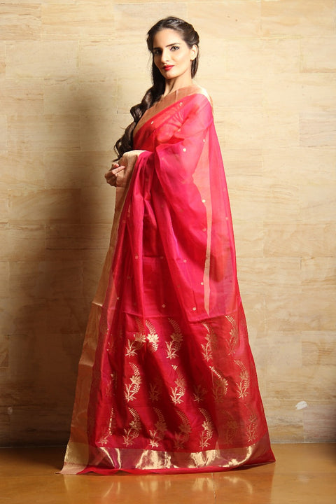 Chanderi Hand Loom Mercerized Silk Saree in Dark Pink
