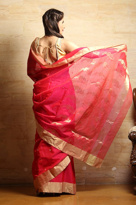 Chanderi Hand Loom Mercerized Silk Saree in Dark Pink