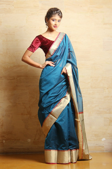 Order Chanderi Mercerized Silk Saree in Peacock Blue – Timeless Elegance


