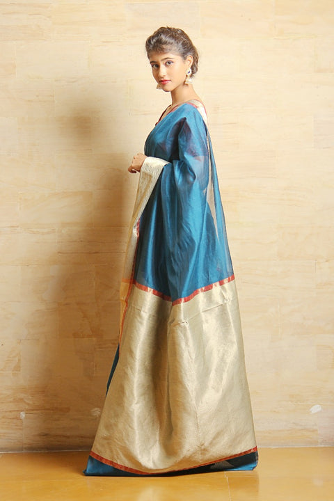Luxury Chanderi Mercerized Silk Saree in Peacock Blue – Timeless Elegance

