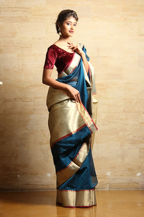 Buy Chanderi Mercerized Silk Saree in Peacock Blue – Timeless Elegance

