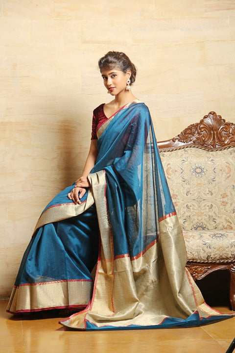 Shop Chanderi Mercerized Silk Saree in Peacock Blue – Timeless Elegance


