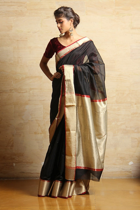 Shop Chanderi Mercerized Silk Saree in Black – Classic & Sophisticated

