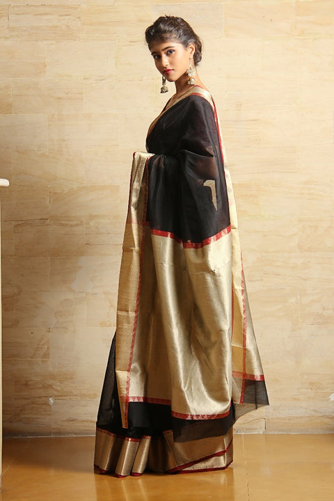 Buy Chanderi Mercerized Silk Saree in Black – Classic & Sophisticated

