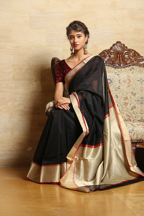 Luxury Chanderi Mercerized Silk Saree in Black – Classic & Sophisticated

