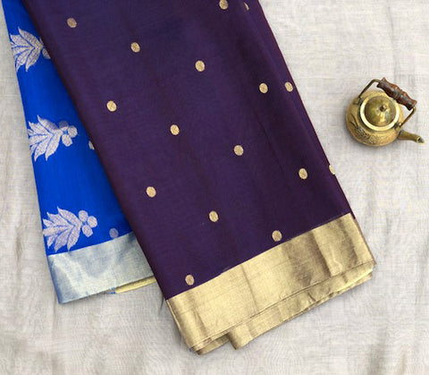 Premium Chanderi Mercerized Silk Saree in Navy Blue | Handloom Silk Sarees

