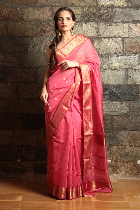 Shop Chanderi Cotton Silk Saree in Pink – Elegant & Lightweight | Vinusto

