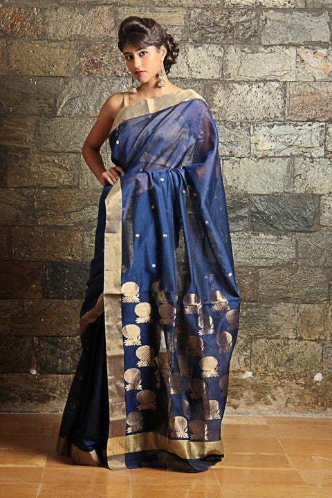 Shop Chanderi Mercerized Silk Saree in Navy Blue | Elegant Handloom Sarees

