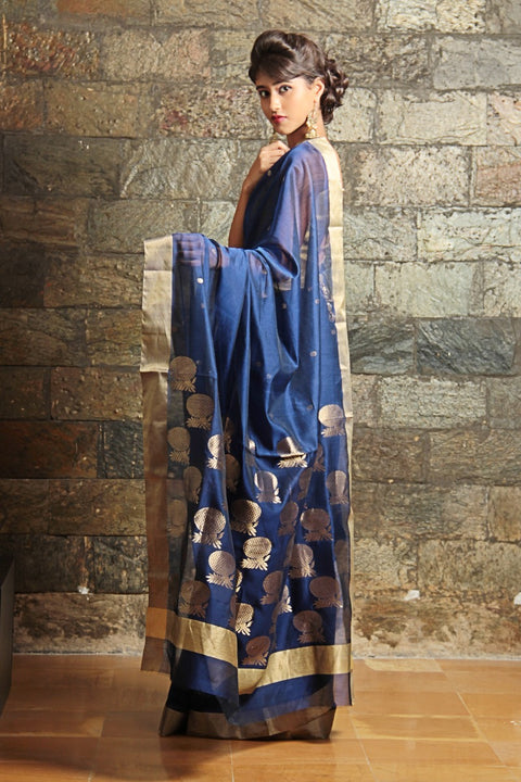 Buy Chanderi Mercerized Silk Saree in Navy Blue | Elegant Handloom Sarees

