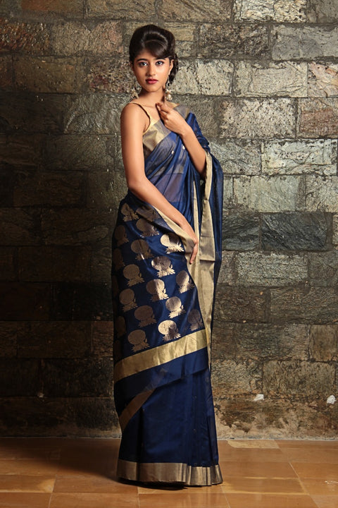Order Chanderi Mercerized Silk Saree in Navy Blue | Elegant Handloom Sarees

