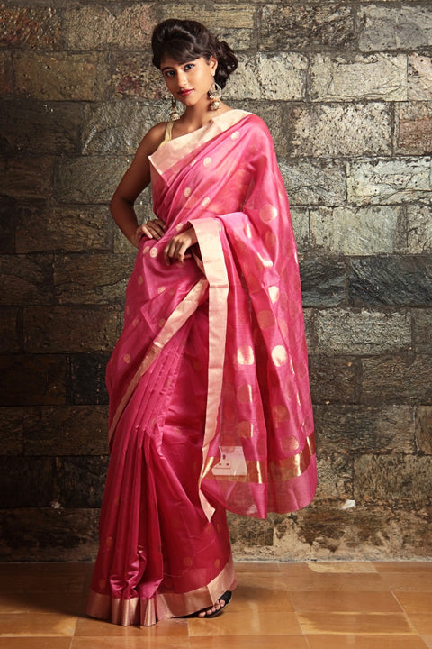 Shop Chanderi Mercerized Silk Saree in Pink | Elegant Handloom Sarees

