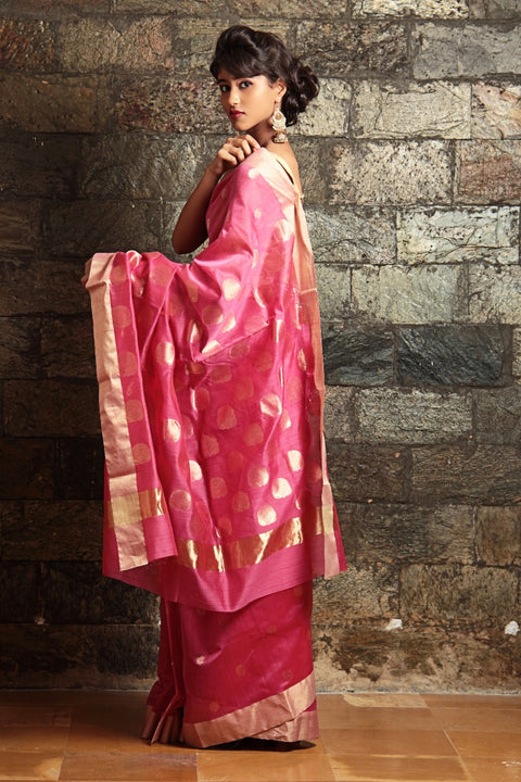 Chanderi Hand Loom Mercerized Silk Saree in Pink
