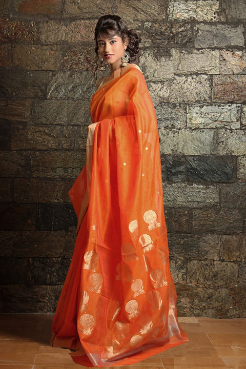 Shop Chanderi Mercerized Silk Saree in Orange | Traditional Handloom Sarees

