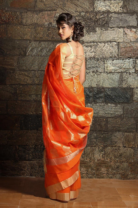 Order Chanderi Mercerized Silk Saree in Orange | Traditional Handloom Sarees

