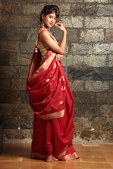 Shop Chanderi Mercerized Silk Saree in Red | Traditional Handloom Sarees

