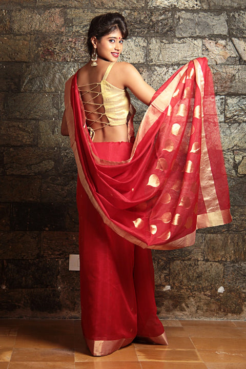 Buy Chanderi Mercerized Silk Saree in Red | Traditional Handloom Sarees

