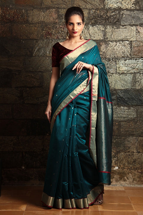 Shop Chanderi Mercerized Silk Saree in Dark Green | Vinusto

