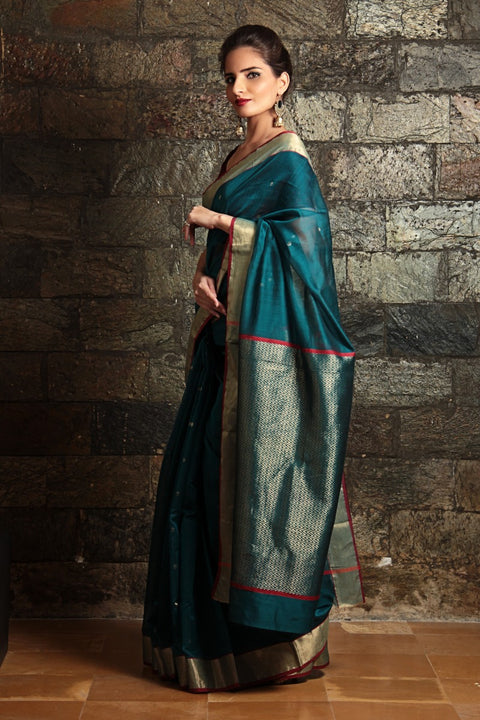 Buy Chanderi Mercerized Silk Saree in Dark Green | Vinusto

