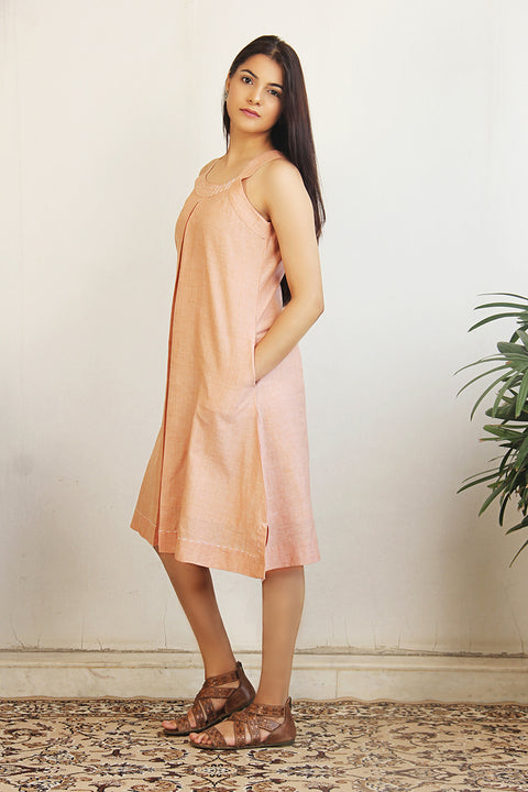 Luxury Razor-Back Embroidered A-Line Dress in Pastel Orange | Vinusto