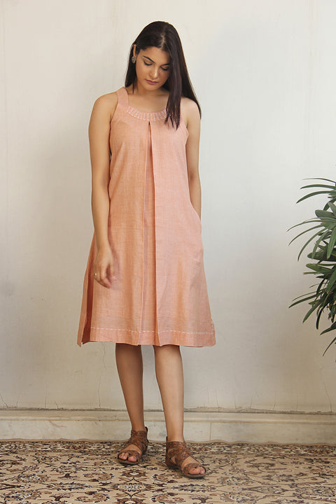 Premium Razor-Back Embroidered A-Line Dress in Pastel Orange | Vinusto