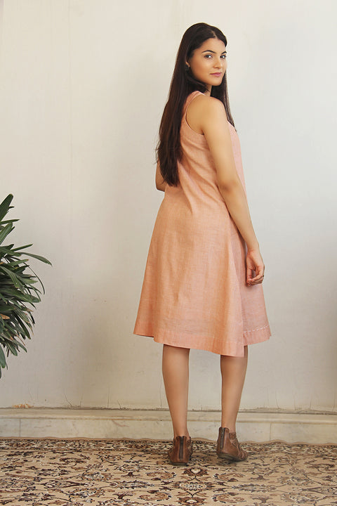 Handcraft Razor-Back Embroidered A-Line Dress in Pastel Orange | Vinusto