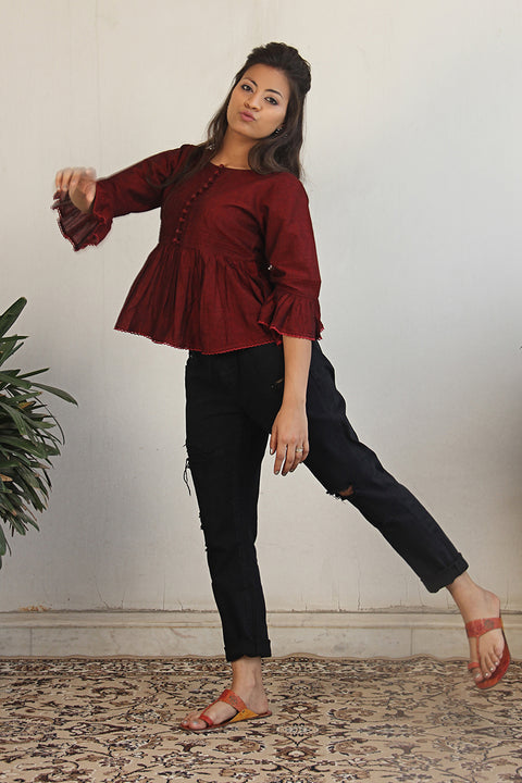Buy Pin Tuck Bell Sleeve Top in Maroon | Vinusto