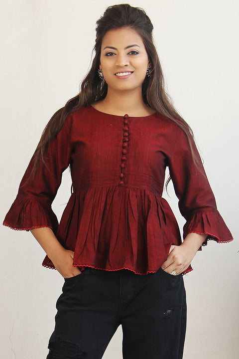 Shop Pin Tuck Bell Sleeve Top in Maroon | Vinusto
