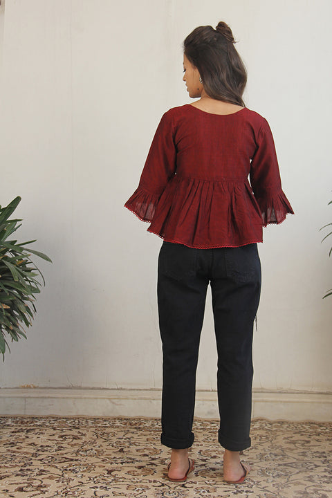 Luxury Pin Tuck Bell Sleeve Top in Maroon | Vinusto