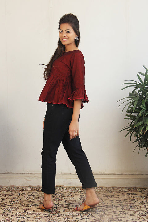 Order Pin Tuck Bell Sleeve Top in Maroon | Vinusto
