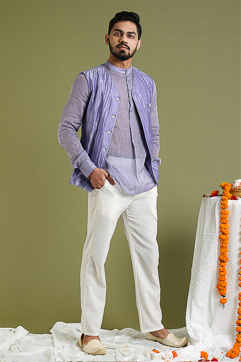 Chanderi Tissue Shirt Kurta, Jacket in Silver Stripes Chanderi & Cotton Pants in Lavender & White