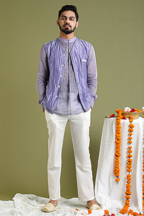 Buy Chanderi Tissue Shirt Kurta & Jacket in Silver Stripes with Lavender & White Cotton Pants | Vinusto