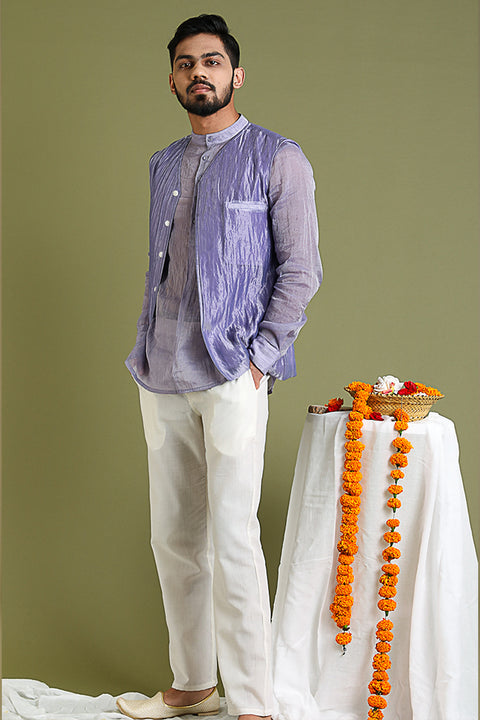 Shop Chanderi Tissue Shirt Kurta & Jacket in Silver Stripes with Lavender & White Cotton Pants | Vinusto
