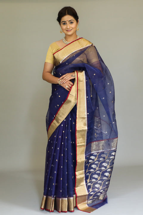Order Chanderi Silk Sari in Navy Blue & Gold – Elegant & Luxurious | Vinusto

