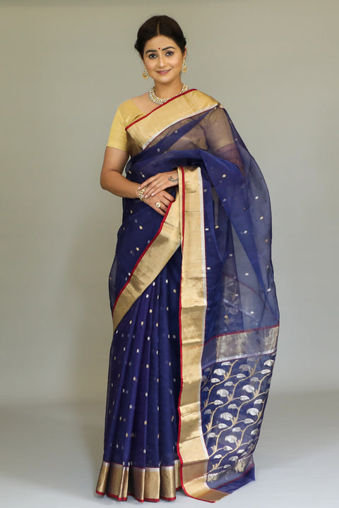 Chanderi Hand Loom Silk Sari in Navy Blue & Gold