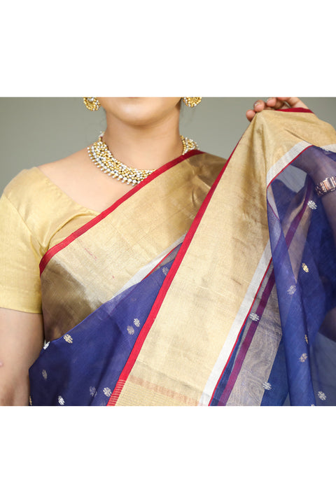 Premium Chanderi Silk Sari in Navy Blue & Gold – Elegant & Luxurious | Vinusto

