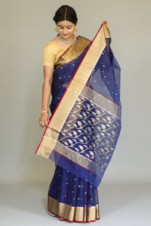 Shop Chanderi Silk Sari in Navy Blue & Gold – Elegant & Luxurious | Vinusto


