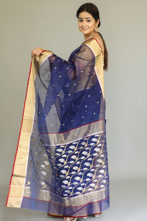 Buy Chanderi Silk Sari in Navy Blue & Gold – Elegant & Luxurious | Vinusto


