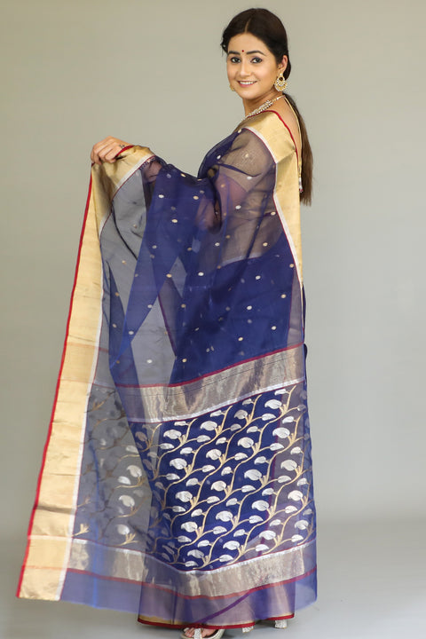 Chanderi Hand Loom Silk Sari in Navy Blue & Gold
