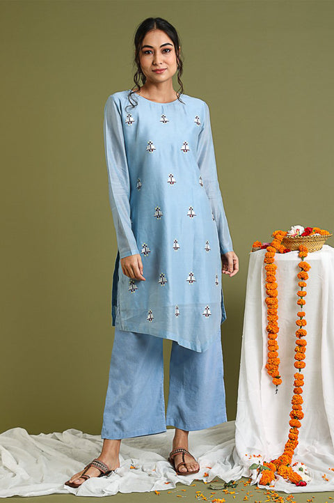 Order Pale Blue Embroidered Kurta & Pants in Chanderi Hand Loom (Set of 2) - By Vinusto 