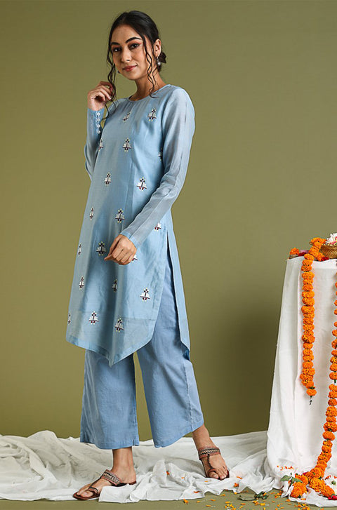 Buy Pale Blue Embroidered Kurta & Pants in Chanderi Hand Loom (Set of 2) - By Vinusto 
