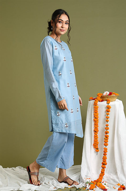 Premium Pale Blue Embroidered Kurta & Pants in Chanderi Hand Loom (Set of 2) - By Vinusto 