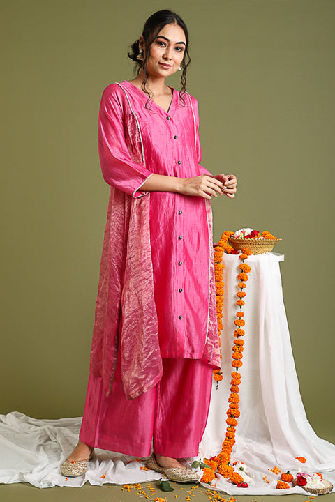 Luxury Kalidar Chanderi Handloom Kurta & Palazzo in Pink Gold Stripes | Vinusto

