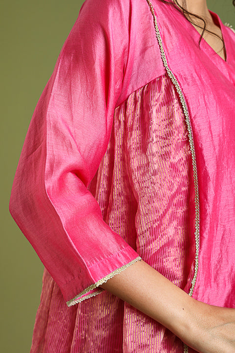 Premium Kalidar Chanderi Handloom Kurta & Palazzo in Pink Gold Stripes | Vinusto


