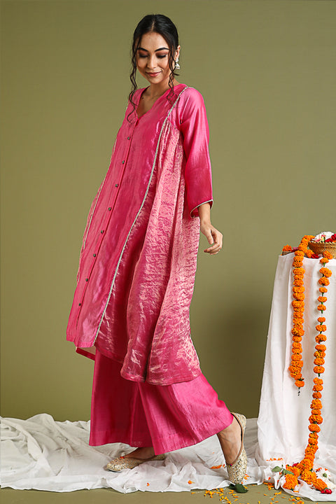 Kalidar Chanderi Hand loom Kurta & Palazzo in Pink & Gold Stripes (Set of 3)