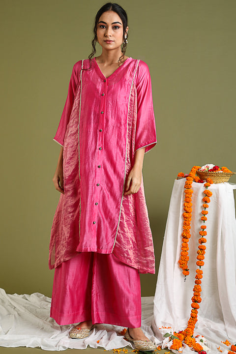 Order Kalidar Chanderi Handloom Kurta & Palazzo in Pink Gold Stripes | Vinusto


