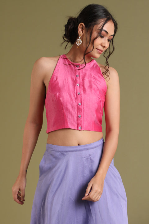 Buy Pink Halter Neck Blouse with Front Buttons in Chanderi Handloom | Vinusto